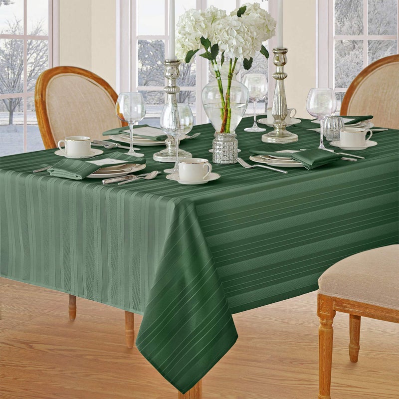 Newbridge Hunter Green Satin Stripe Fabric Tablecloth, 60 x 120 Inch Rectangle, Elegant Woven Stripe, Wrinkle Resistant Reusable Polyester Table Cover - Image 2